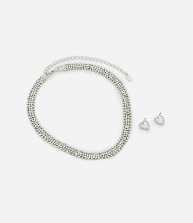 Conjunto de Collar Corto con Stras y Esferas y Caravana Cutout de Corazón 3
