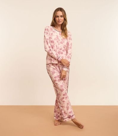 Pijama Largo en Viscosa con Estampa de Higos y Bies Contrastante
