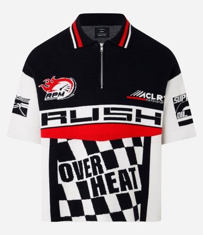 Camisa Polo Boxy en Punto con Cremallera en el Cuello y Estampa Automobilismo 6