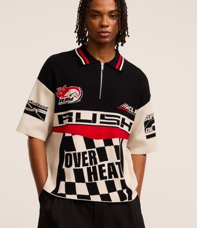 Camisa Polo Boxy en Punto con Cremallera en el Cuello y Estampa Automobilismo 1
