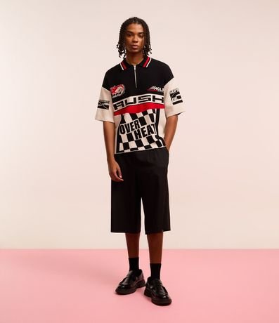 Camisa Polo Boxy en Punto con Cremallera en el Cuello y Estampa Automobilismo 2