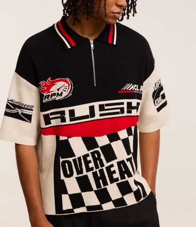 Camisa Polo Boxy en Punto con Cremallera en el Cuello y Estampa Automobilismo 3