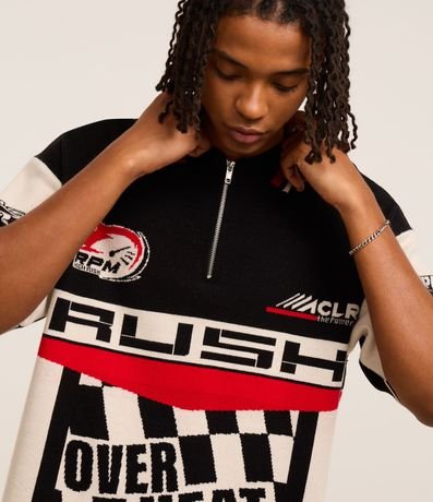 Camisa Polo Boxy en Punto con Cremallera en el Cuello y Estampa Automobilismo 5