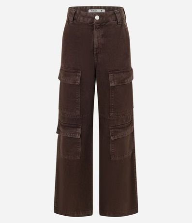 Pantalón Wide Leg Cintura Alta en Sarga con Bolsillos Cargo