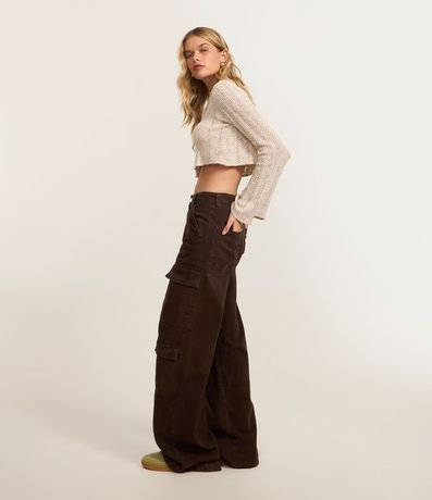 Pantalón Wide Leg Cintura Alta en Sarga con Bolsillos Cargo 1