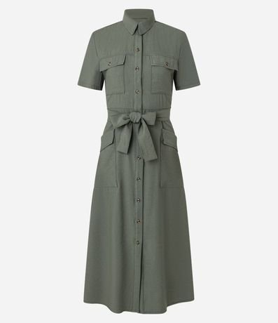 Vestido Midi en Sarga con Bolsos Utilitários y Lazo 5