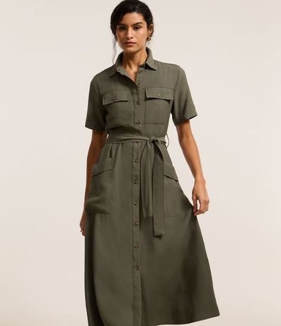 Vestido Midi en Sarga con Bolsos Utilitários y Lazo