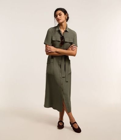 Vestido Midi en Sarga con Bolsos Utilitários y Lazo 2