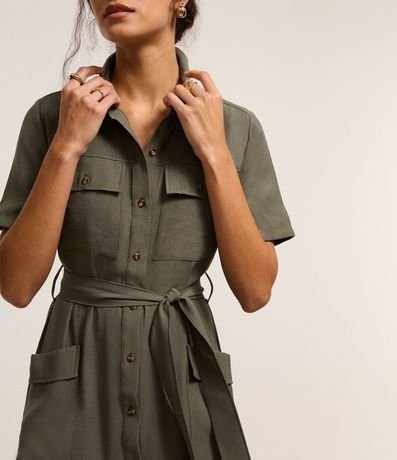 Vestido Midi en Sarga con Bolsos Utilitários y Lazo 3