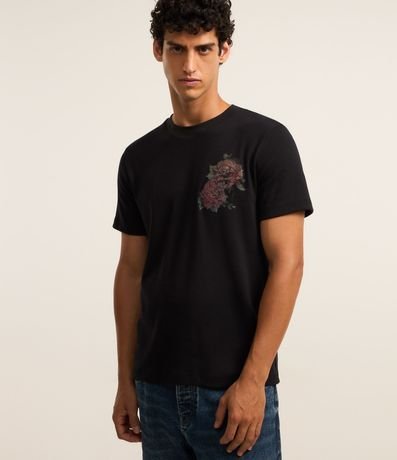 Remera Regular en Algodón con Estampa de Rosas y Bordados