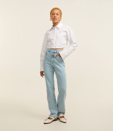 Pantalón Recto en Jeans con Tiro Alto y Eefecto Marmól