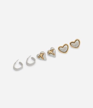 Kit 03 Caravanas en Metal en Forma de Corazones y Argolla con Baño Mixto