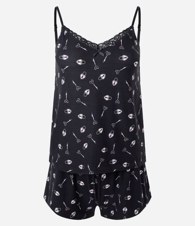 Pijama Short Doll Bretel Fino en Peach Touch y Estampa de Llaves 5