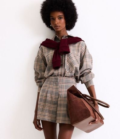 Camisa Oversized en Crepé de Cuadros con Bolsillos