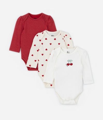 Kit 03 Bodies con Estampa Corazón y Cerezas - Talle RN a 18 meses