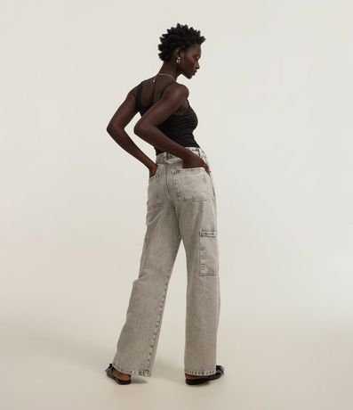 Pantalón Wide Leg en Jeans con Recorte Transversal y Bolsillo Incorporado Cargo