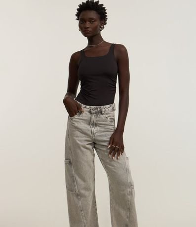 Pantalón Wide Leg en Jeans con Recorte Transversal y Bolsillo Incorporado Cargo 2