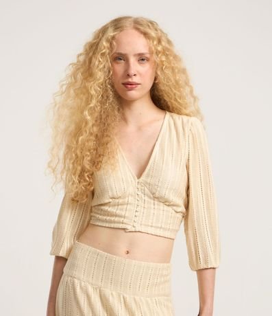 Blusa Cropped en Encaje de Algodón con Manga Abullonada y Botones