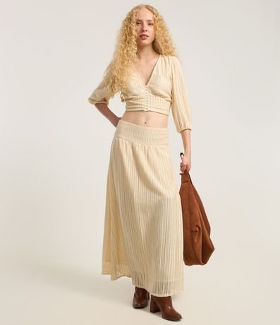 Blusa Cropped en Encaje de Algodón con Manga Abullonada y Botones 2