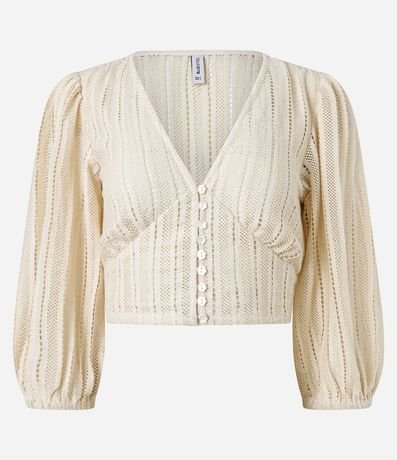 Blusa Cropped en Encaje de Algodón con Manga Abullonada y Botones 5