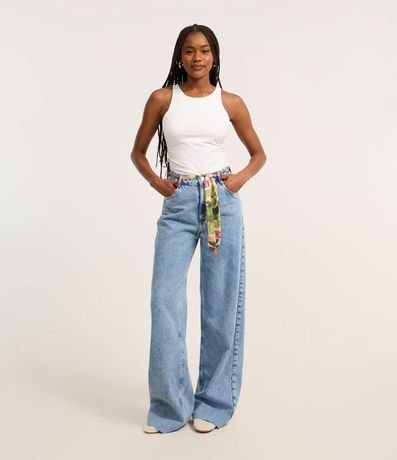 Pantalón Wide Leg en Jeans con Cinturón Pañuelo y Ojale