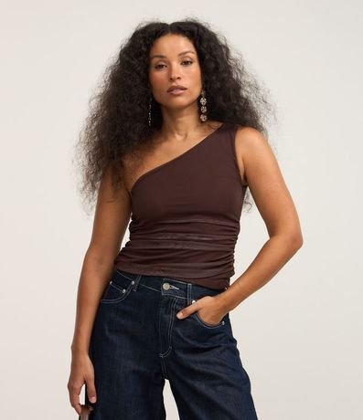 Blusa en Tule con Um hombro Único y Fleco