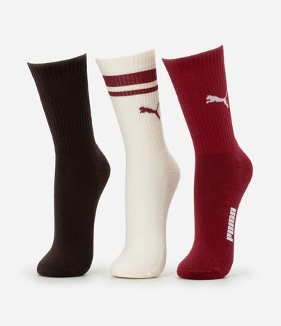 Kit 03 Medias Caña Larga Deportiva en Algodón con Logotipo y Lettering Puma