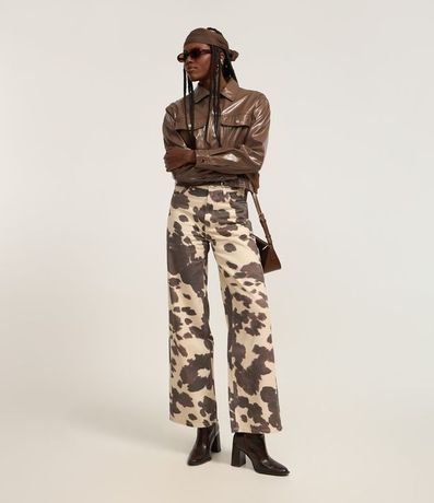 Pantalón Wide Leg en Sarga con Estampa de Vaquita