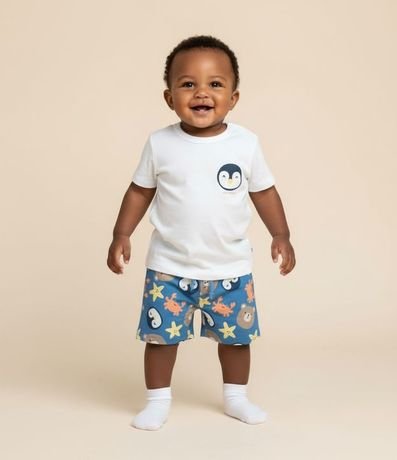 Conjunto Infantil en Microfibra con Estampa de Pinguino - Talle 0 a 18 Meses