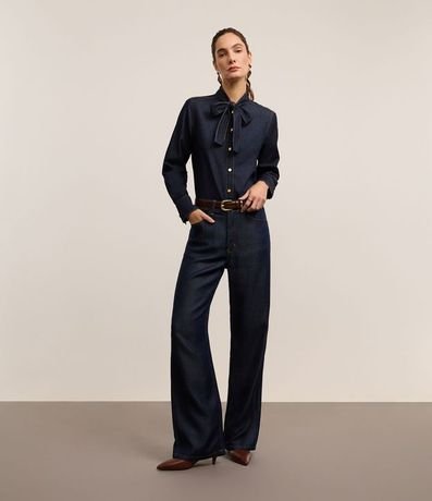 Camisa en Jeans con Lazo en el Cuello y Botones 2