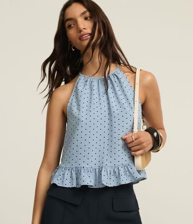 Blusa en Airflow con Volado y Estampa de Lunares Cuadriculada