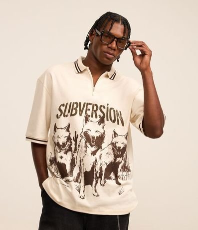 Camisa Oversized Cuello Polo con Cremallera en Algodón con Estampa de Lobos "Subversion"