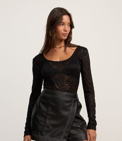 Body en Encaje con Textura Floral y Manga Larga