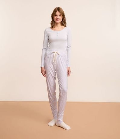 Pantalón de Pijama Jogger en Rib Estampado Vichy con Lazo en la Cintura