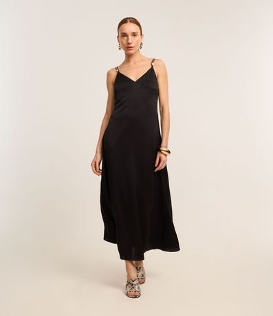 Vestido Recto Midi en Satén con Perlas en Asa Doble