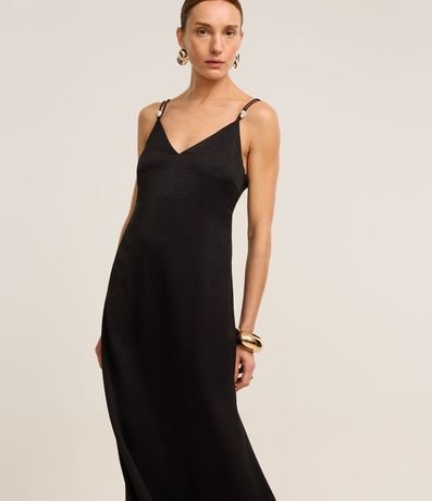 Vestido Recto Midi en Satén con Perlas en Asa Doble 2