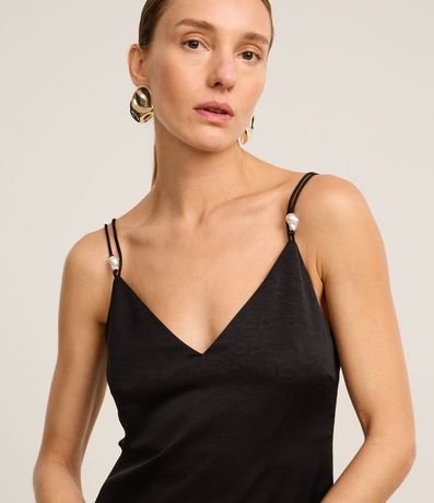 Vestido Recto Midi en Satén con Perlas en Asa Doble 3