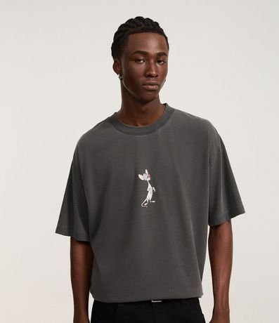 Remera Boxy en Malla Desteñida con Estampa Pinky y Cérebro 2