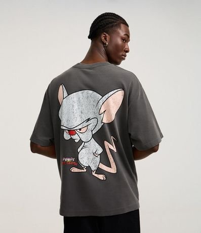Remera Boxy en Malla Desteñida con Estampa Pinky y Cérebro