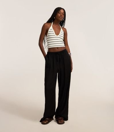 Pantalón Fluída en Viscosa y Lino con Lazo en la Cintura