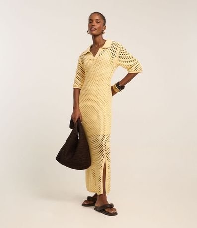 Vestido Midi con Efecto Ganchillo y Cuello Polo