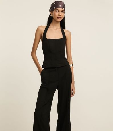 Pantalón Wide Leg Cintura Alta en Crepé con Pliegues y Botón 2