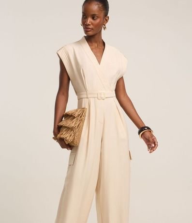 Mono Wide Leg en Chalis con Traspase y Bolsillo Cargo