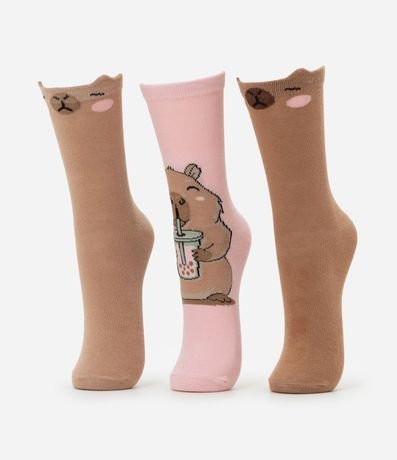Kit 03 Medias Caña Larga en Algodón con Estampa Carpincho Milk Shake