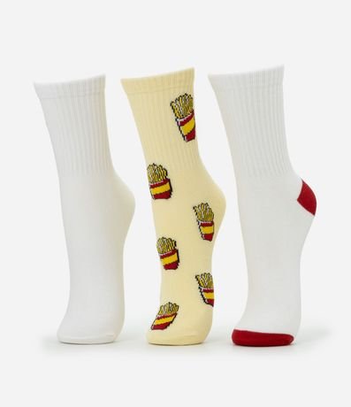 Kit 03 Medias Caña Larga en Algodón con Estampa y Bordado de Batatas Fritas 2