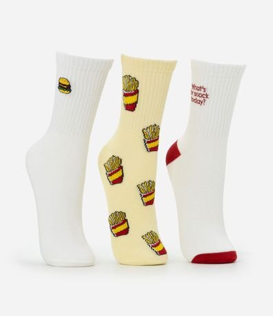 Kit 03 Medias Caña Larga en Algodón con Estampa y Bordado de Batatas Fritas 3