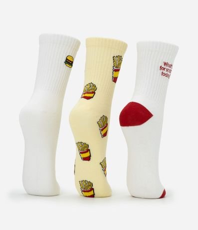 Kit 03 Medias Caña Larga en Algodón con Estampa y Bordado de Batatas Fritas 4