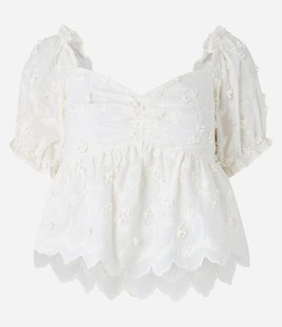 Blusa Peplum en Algodón con Bordado Floral y Manga Abullonada 5