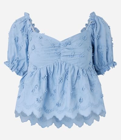 Blusa Peplum en Algodón con Bordado Floral y Manga Abullonada 6