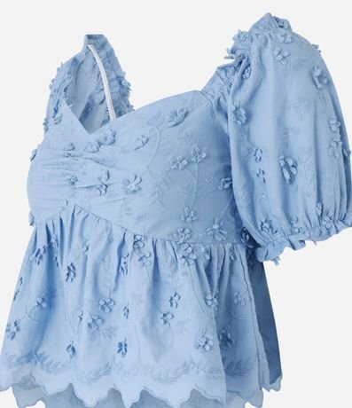 Blusa Peplum en Algodón con Bordado Floral y Manga Abullonada 7